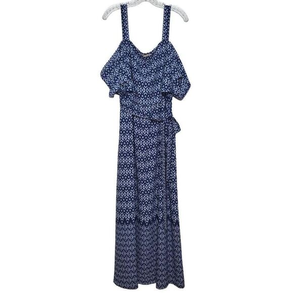 Gibson Latimer Cold Shoulder Tie Belt Blue Maxi Dress Size 1X - Picture 2 of 10